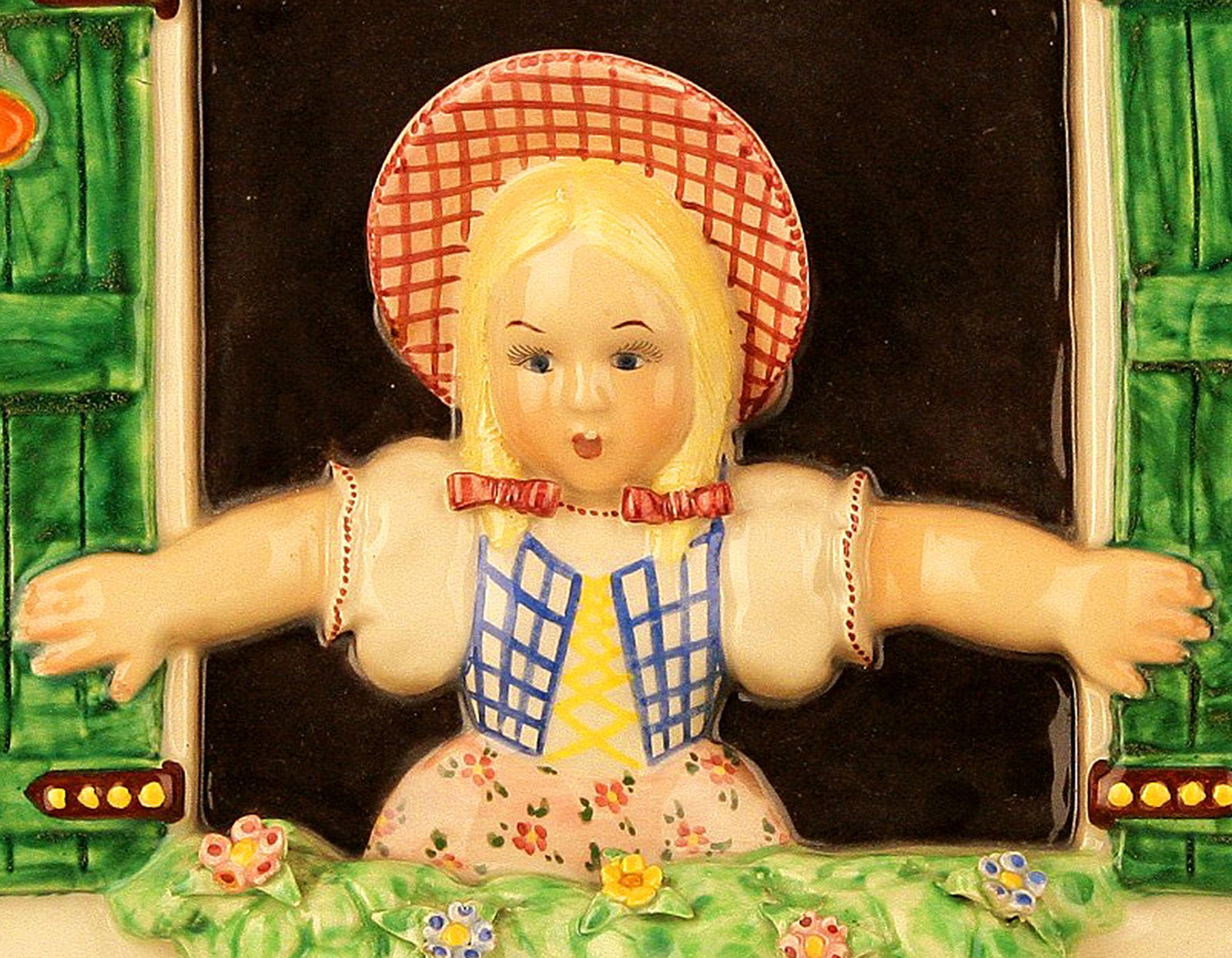 Mid 20th Century Rural Decorative Wall Porcelain Of A Girl Looking Through Window Made By Trevir From Vincenza, Italy photo vintage