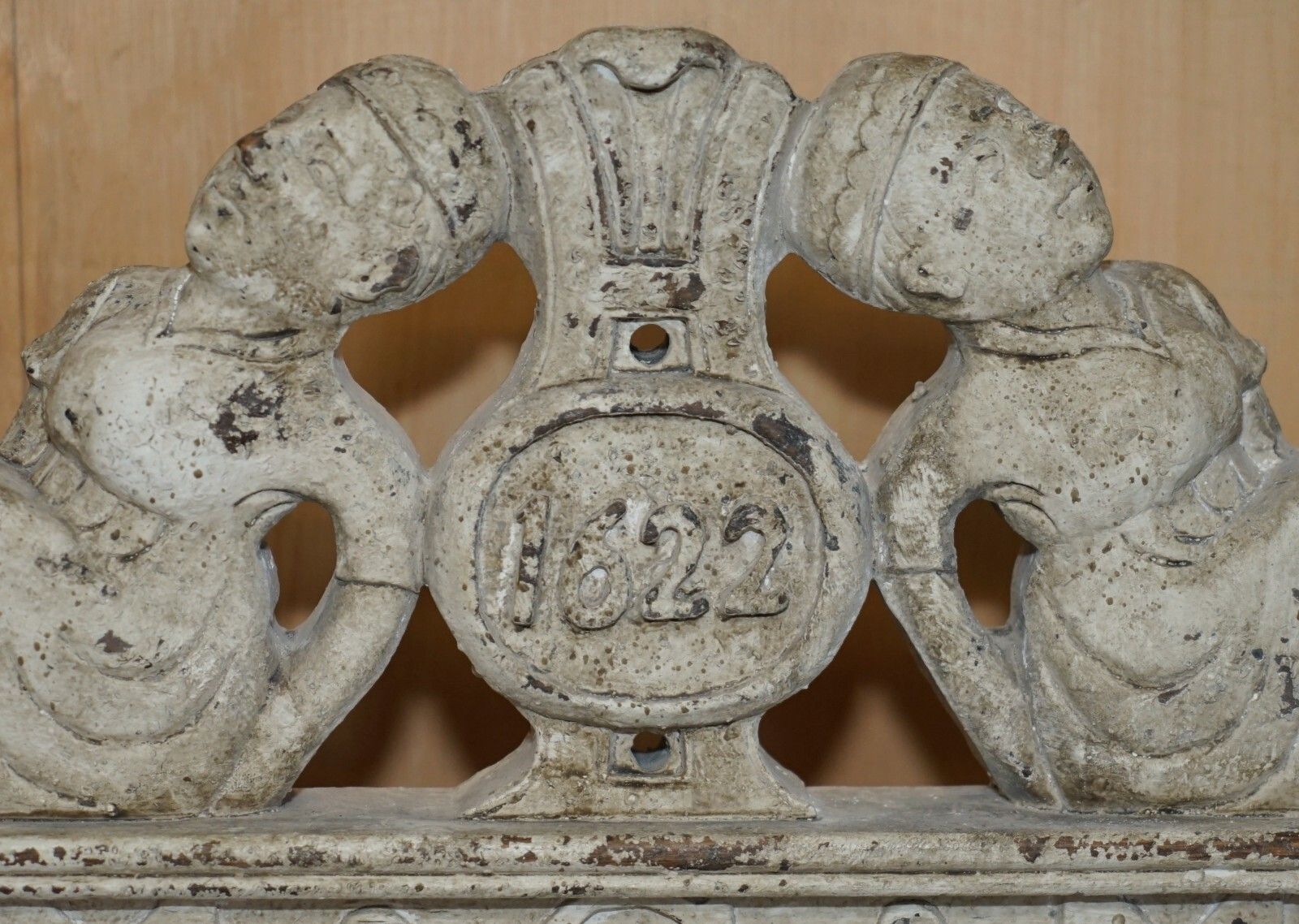 Antique 1622 Dated Ornately Hand Carved English Oak Painted Throne Armchair photo vinterior