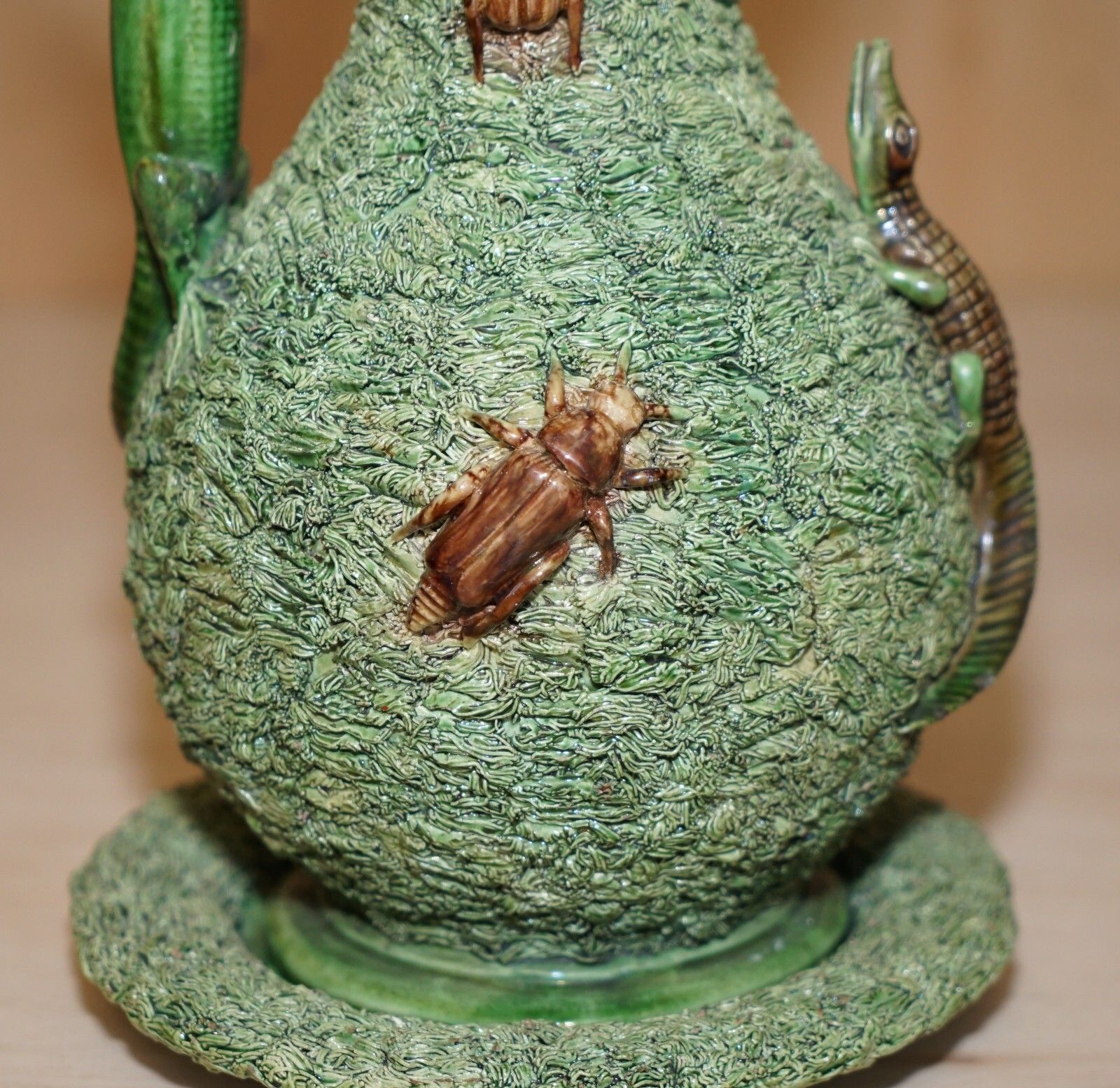 Stunning Portuguese Antique Victorian 1880 Mafra Palissy Ware Ewer Jug & Saucer photo vinterior
