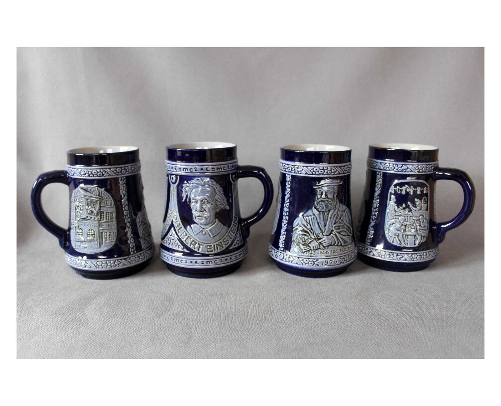 Four Vintage Marzi Remy Mr Steins, Tankard Beer German, Salt Glaze Blue, 1979 Mens Agitat Molem Einstein Otto, 1976 Hans Sachs Commemorative