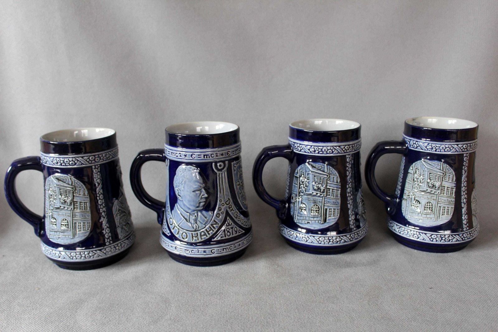 Four Vintage Marzi Remy Mr Steins, Tankard Beer German, Salt Glaze Blue, 1979 Mens Agitat Molem Einstein Otto, 1976 Hans Sachs Commemorative photo furniture