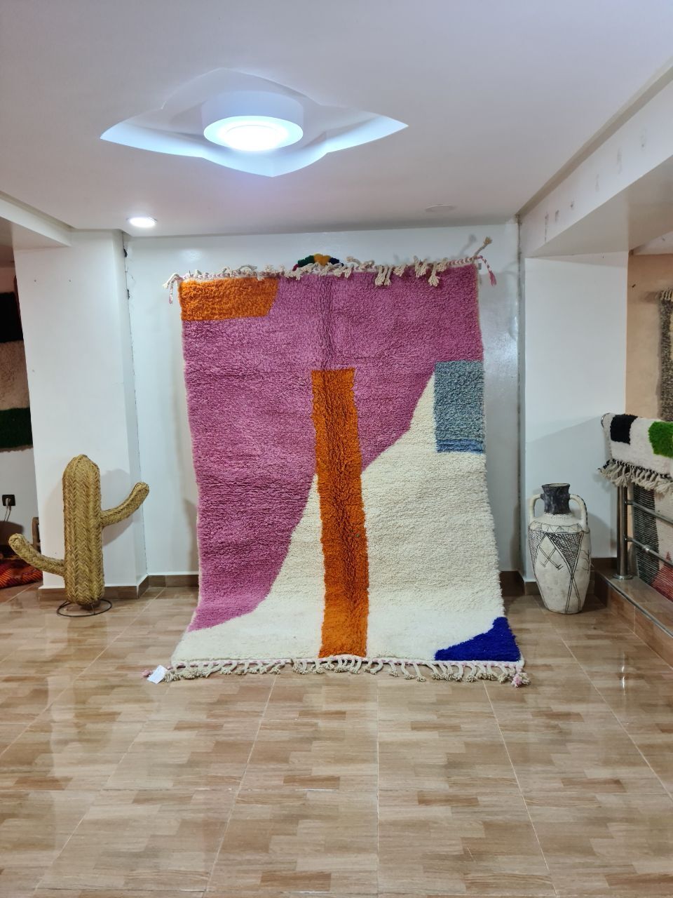 Handwoven Moroccan Berber Rug   Vibrant Pink, Orange, And Blue Abstract Design (250x150 Cm)