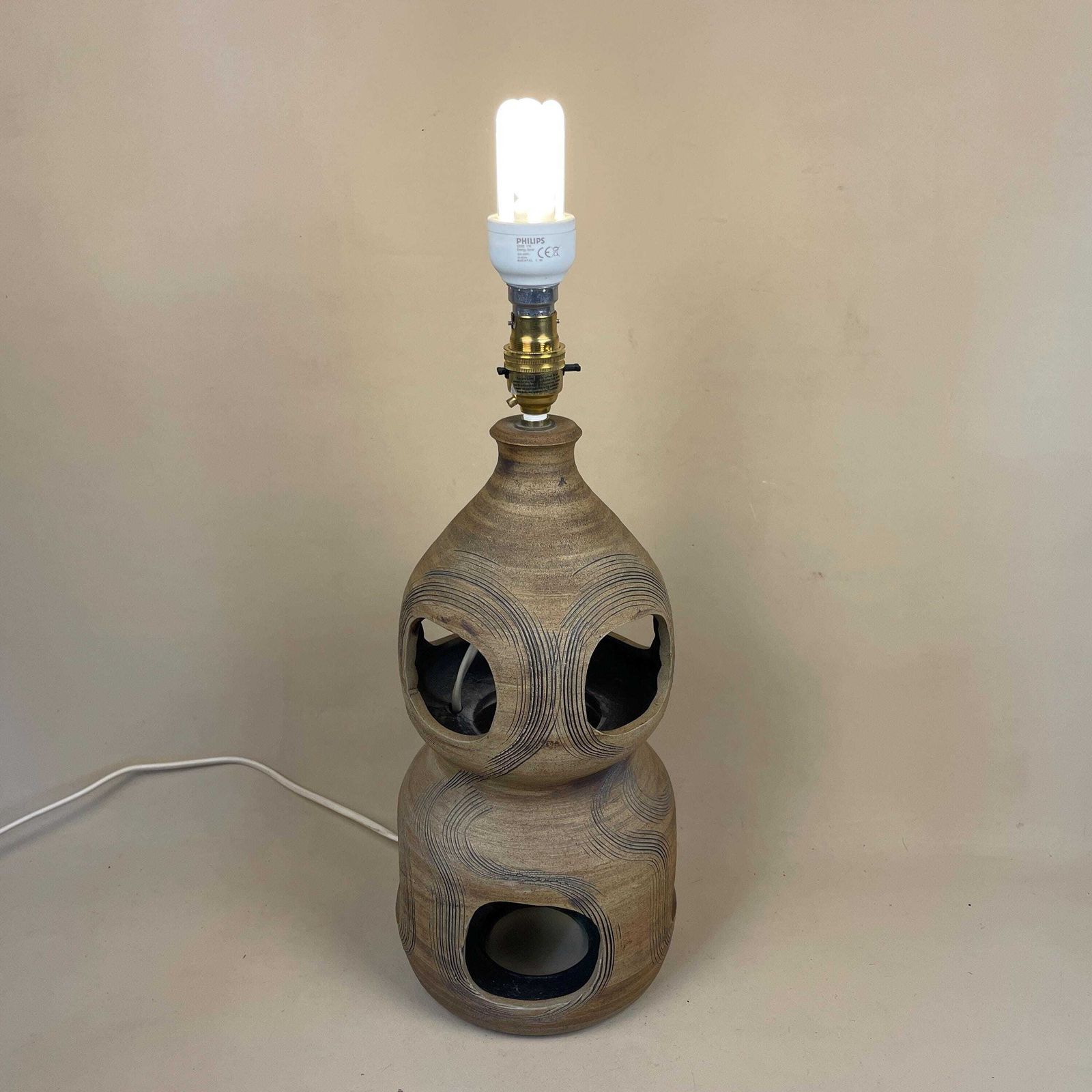 photo furniture Vintage Ceramic Lamp Light Bedside Table Abstract Pattern Brown Earthy Retro Side Antique Clay Pottery Handmade Vase Medium Classic Holes