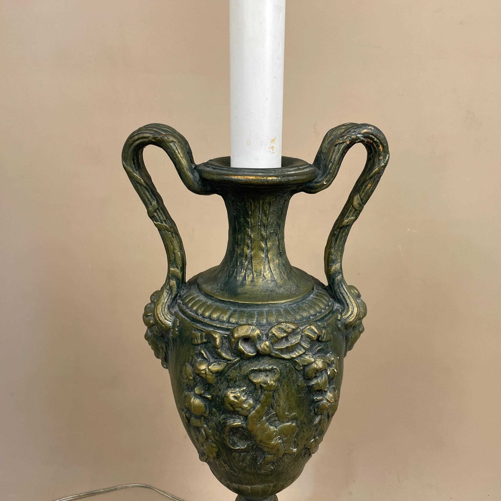 Antique Onyx Marble Brass Gold Lamp Bedside Table Desk Vintage Medium Side Light Column Ornate Detail Handles Vase White Marble Base Cherubs photo for sale