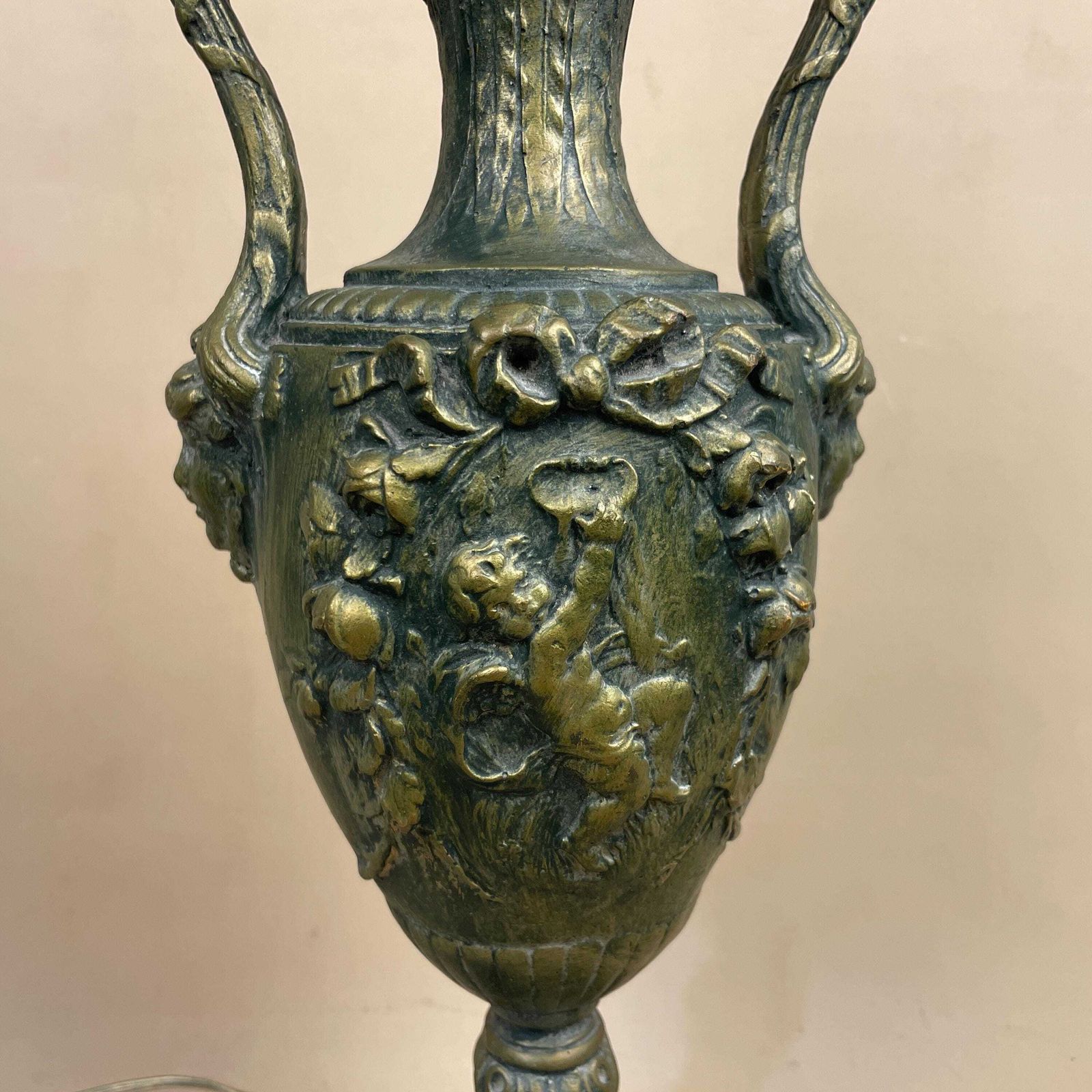 Antique Onyx Marble Brass Gold Lamp Bedside Table Desk Vintage Medium Side Light Column Ornate Detail Handles Vase White Marble Base Cherubs photo 89.0