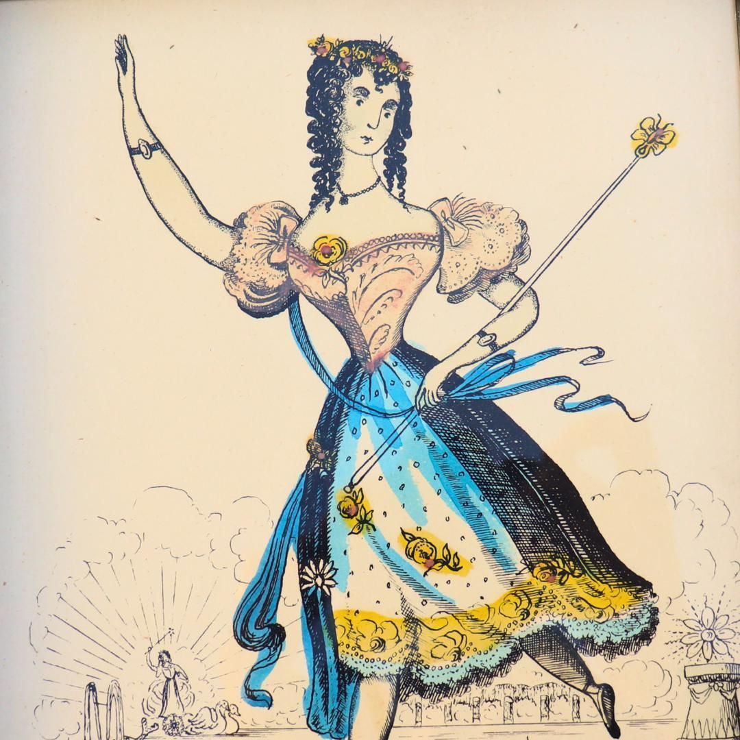 Framed Hand Coloured Engraving Of Miss Dally As Columbine By G Skelt N 7 Commedia Del'arte Theatrical Decor 1902 Drawn Published 1950's photo for sale