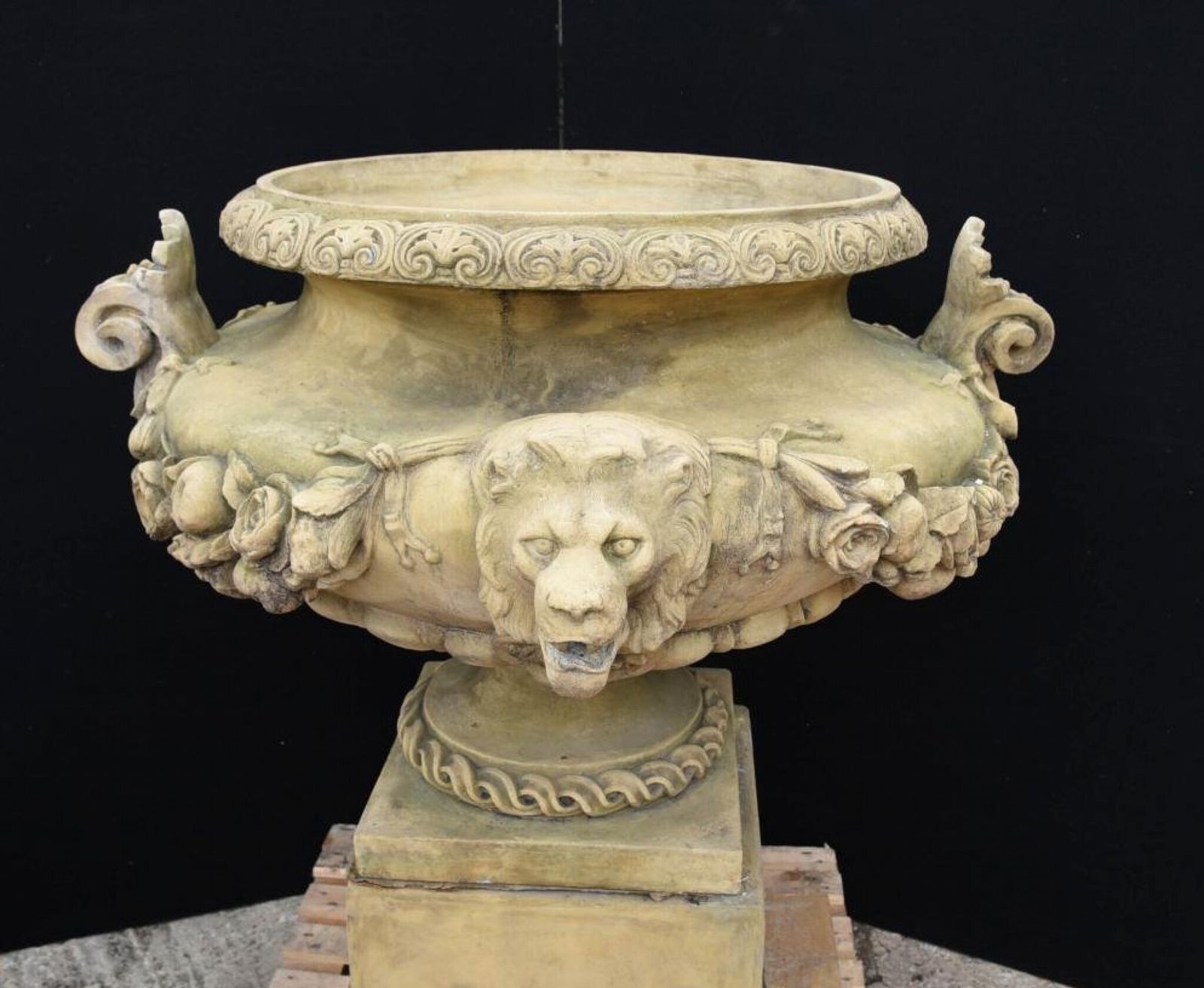 Large English Stone Garden Urn On Pedestal Plinth Classic Architectural photo for sale
