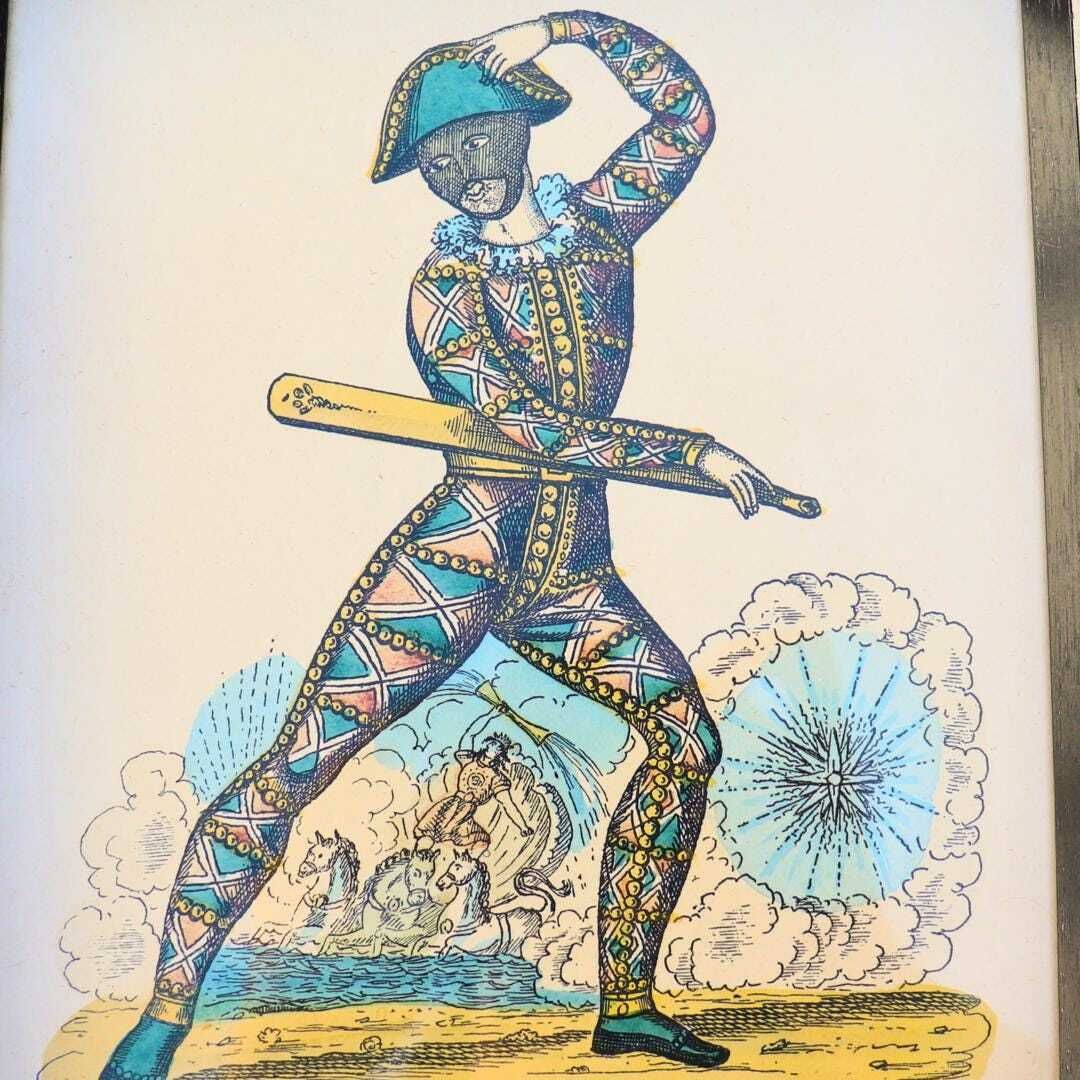 Antique Framed Hand Coloured Engraving Of Mr Ellar As Harlequin By G Skelt N 8 Commedia Del'arte 1903 Drawn, Published 1950's photo Art