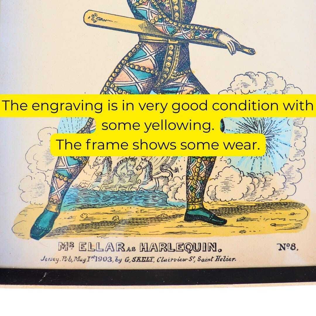 Antique Framed Hand Coloured Engraving Of Mr Ellar As Harlequin By G Skelt N 8 Commedia Del'arte 1903 Drawn, Published 1950's photo vinterior