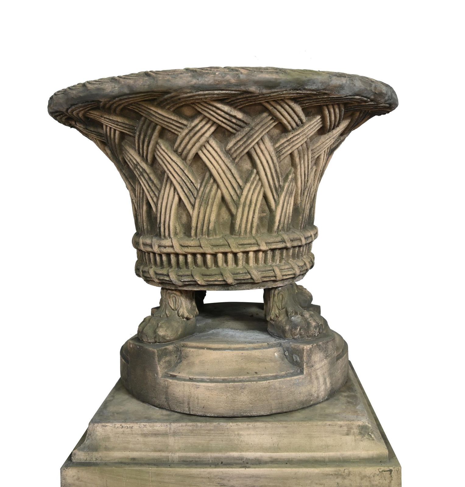 Pair English Stone Garden Planters Gothic Basket Weave Urns photo Garden Decor