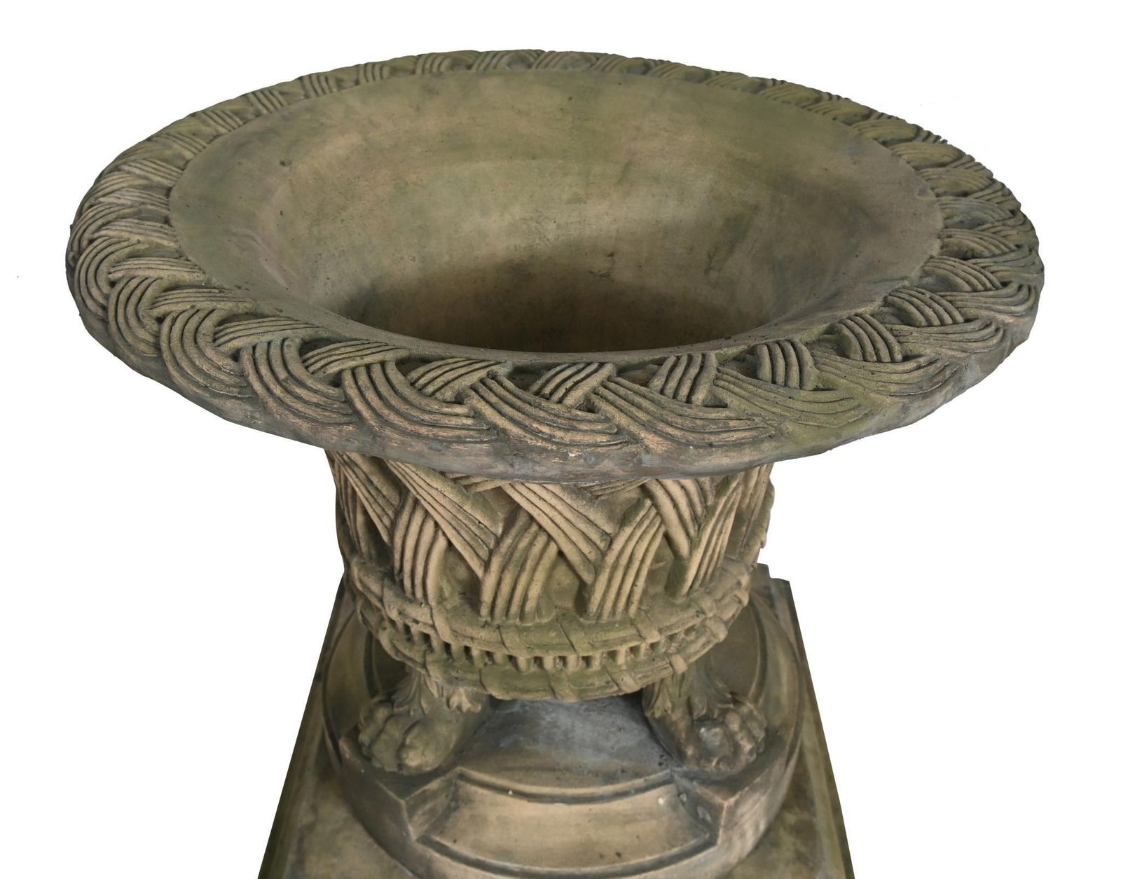 Pair English Stone Garden Planters Gothic Basket Weave Urns photo vinterior