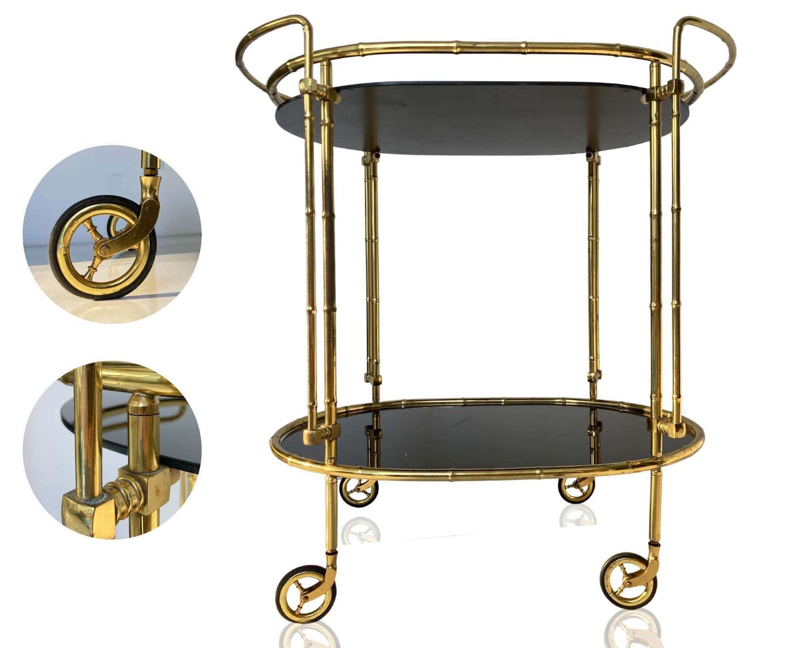 Black Gold Bar Cart | 1pc Oval Serving Trolley | Glass And Brass photo for sale
