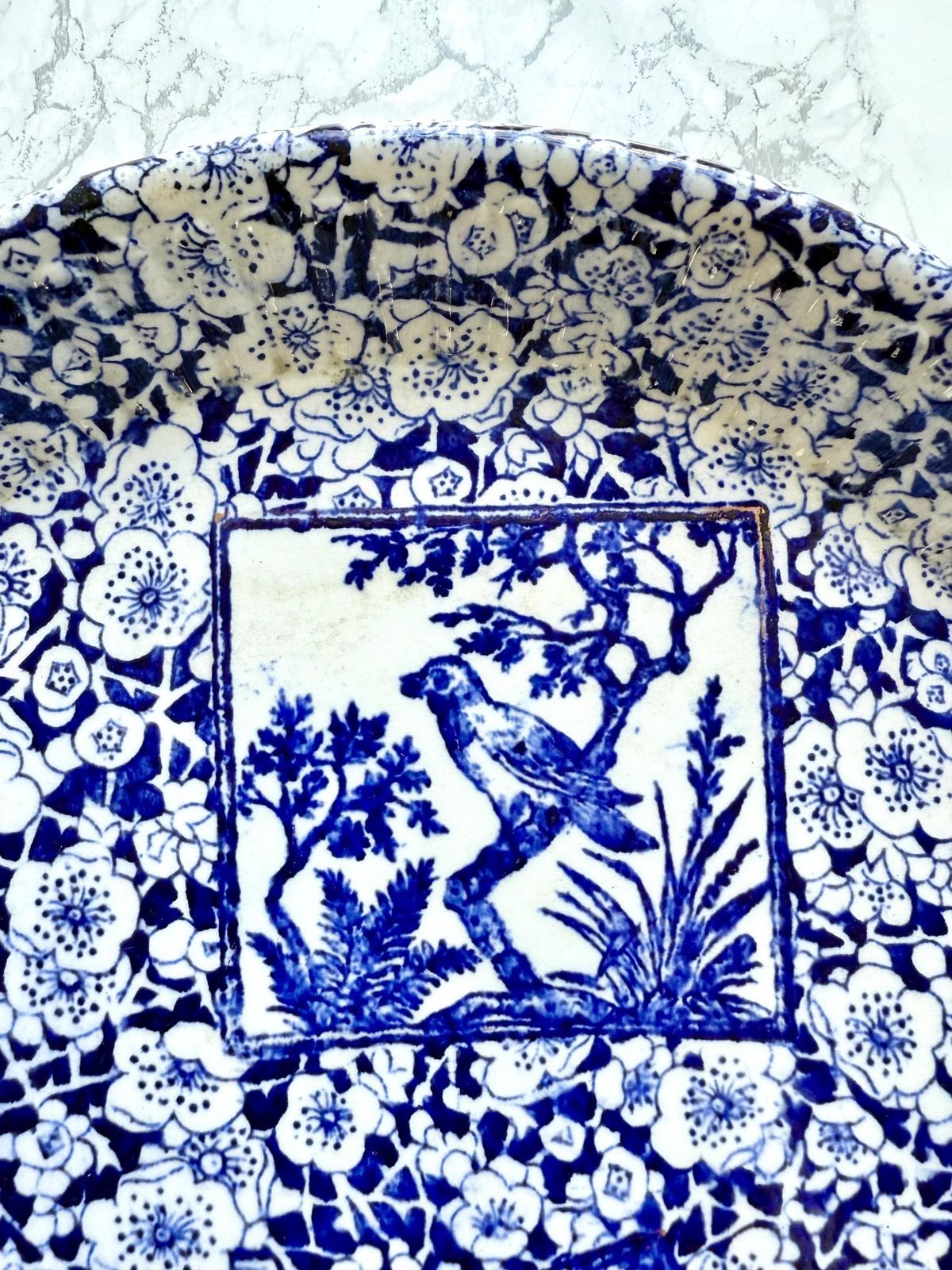 Antique Blue White Bread And Butter Dish Bird Aesthetic Movement Chintz Gilded Round Bread Dish Centrepiece Fruit Bowl Floral 1800 photo vinterior