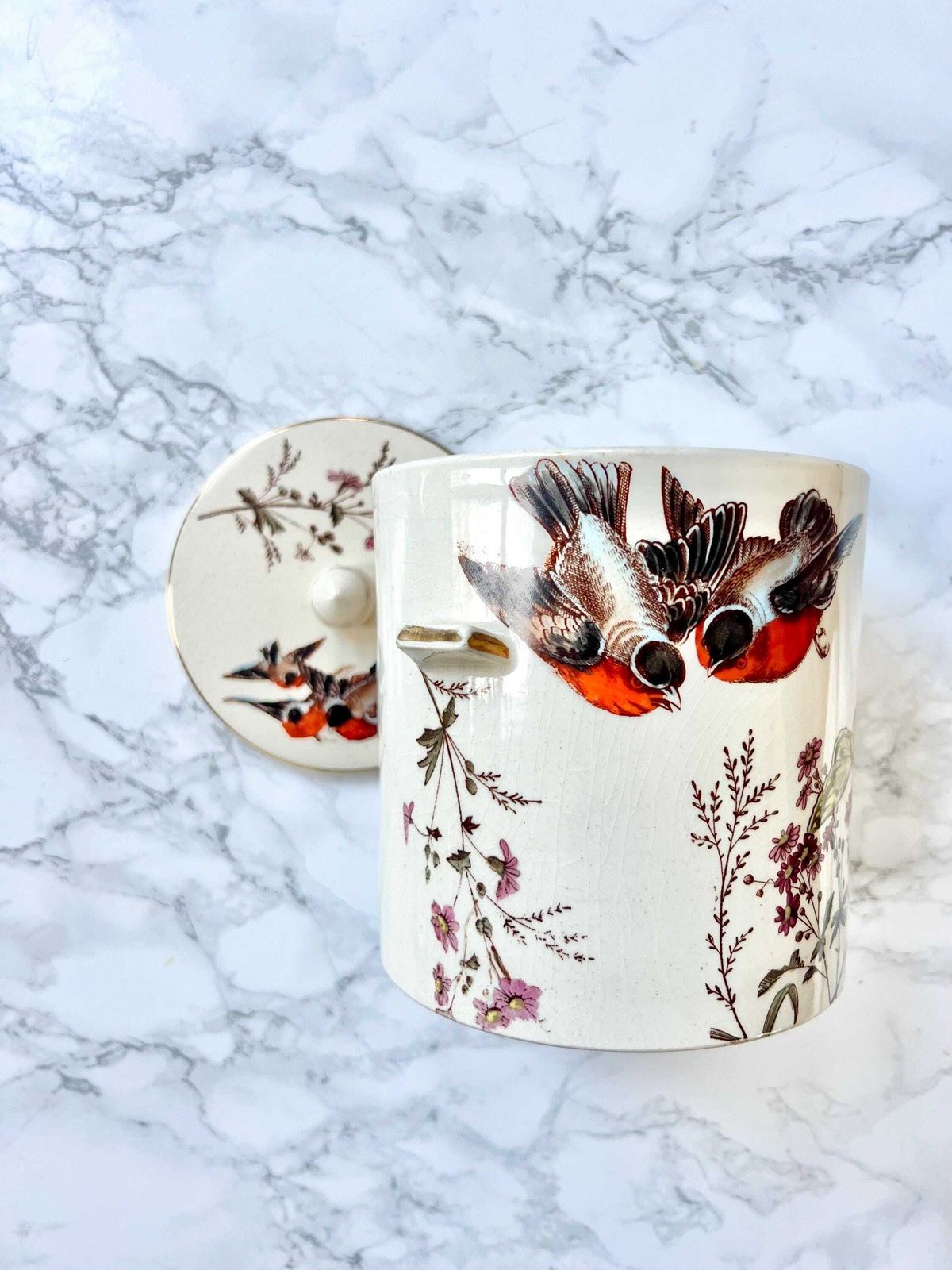 Victorian Biscuit Barrel Lidded Antique Hand Painted Bird Pattern Bone China Storage Kitchen Shelve Decor Aesthetic Movement Rare photo for sale