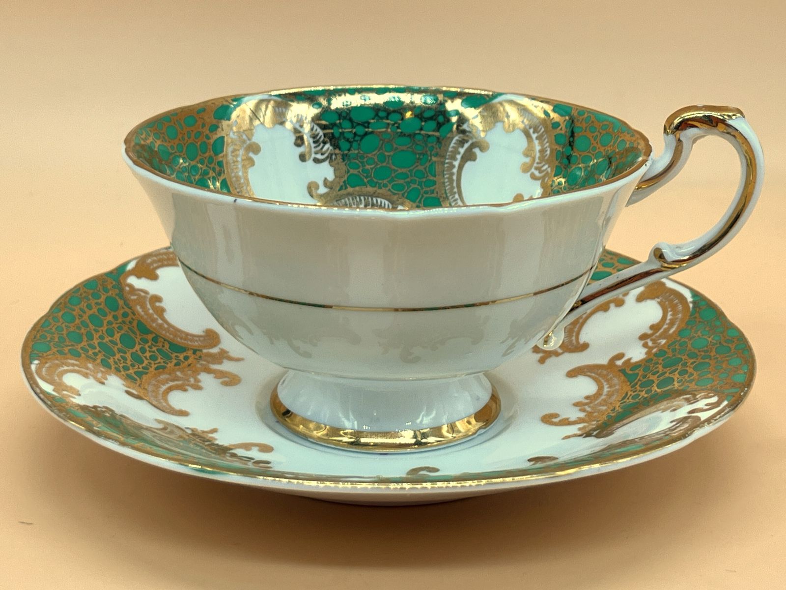 Home Decor Vintage Paragon China Green And Gold With Pink Chintz Centre Tea Cup And Saucer Duo. No. 3214. photo