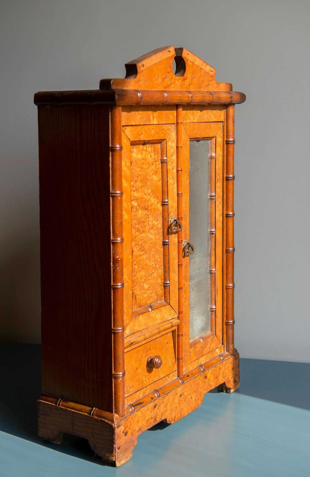Faux Bamboo Medicine Chest With Mirror, Antique French Storage Unit, Rustic Small Wooden Cabinet, Made In France photo furniture