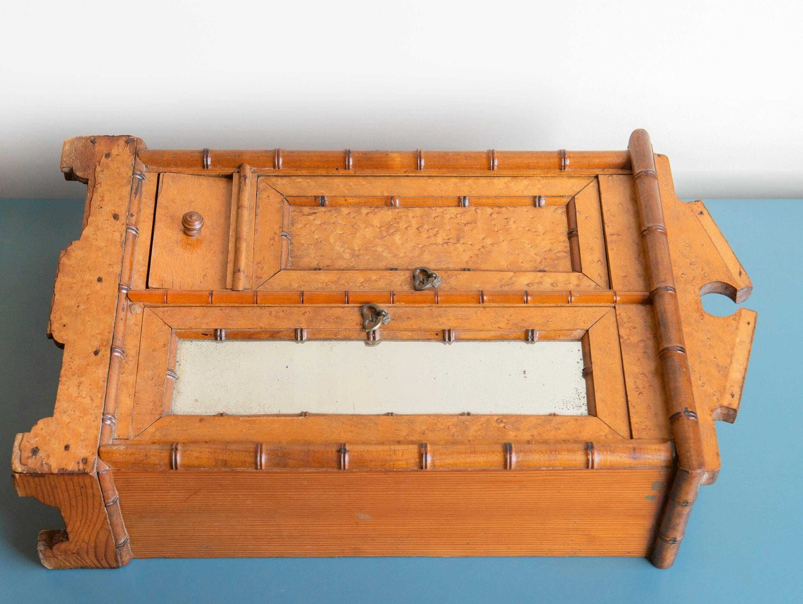 Faux Bamboo Medicine Chest With Mirror, Antique French Storage Unit, Rustic Small Wooden Cabinet, Made In France photo vintage