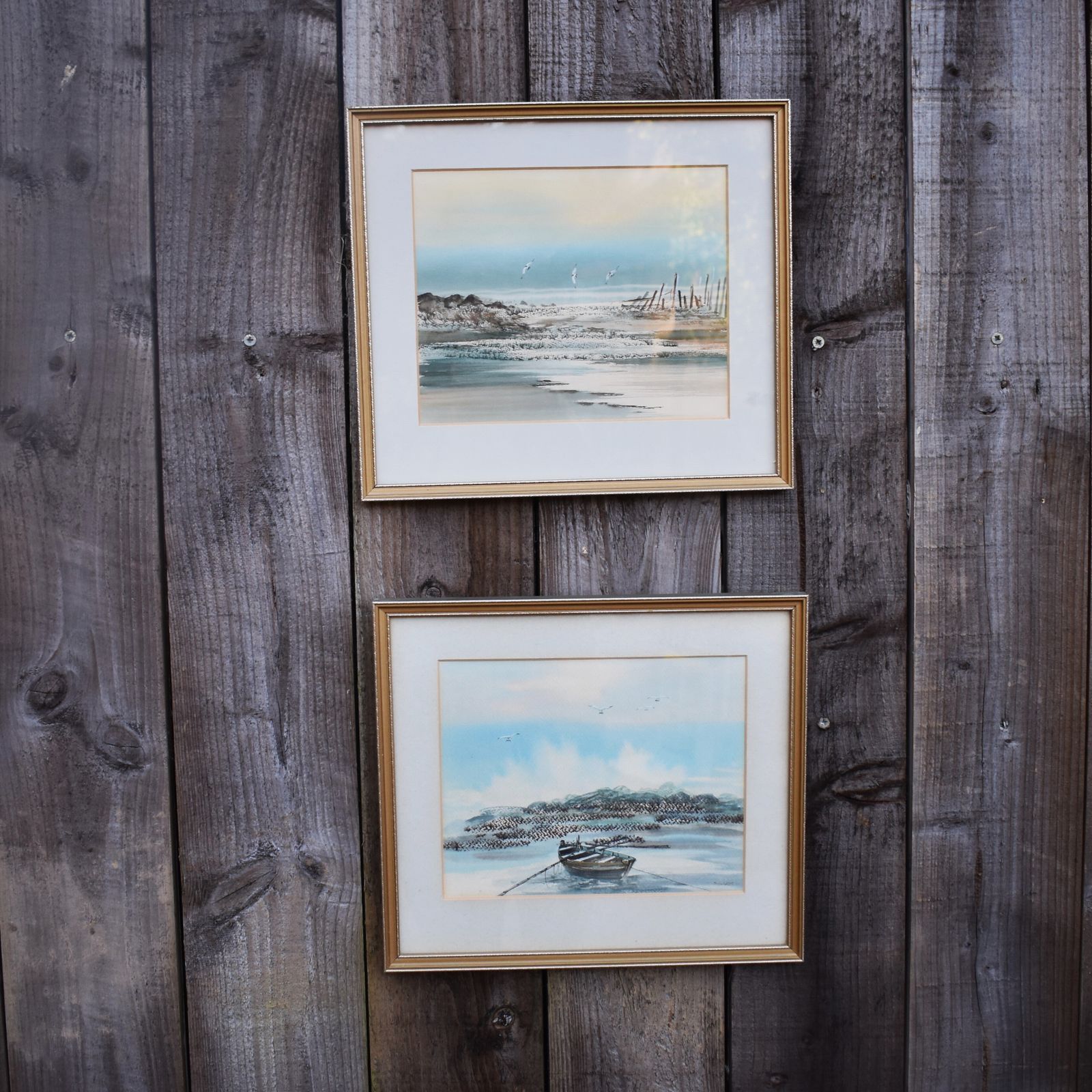 Vintage J. Marn Blue Seascape Costal Sailboat Seagulls Watercolour Signed Pair