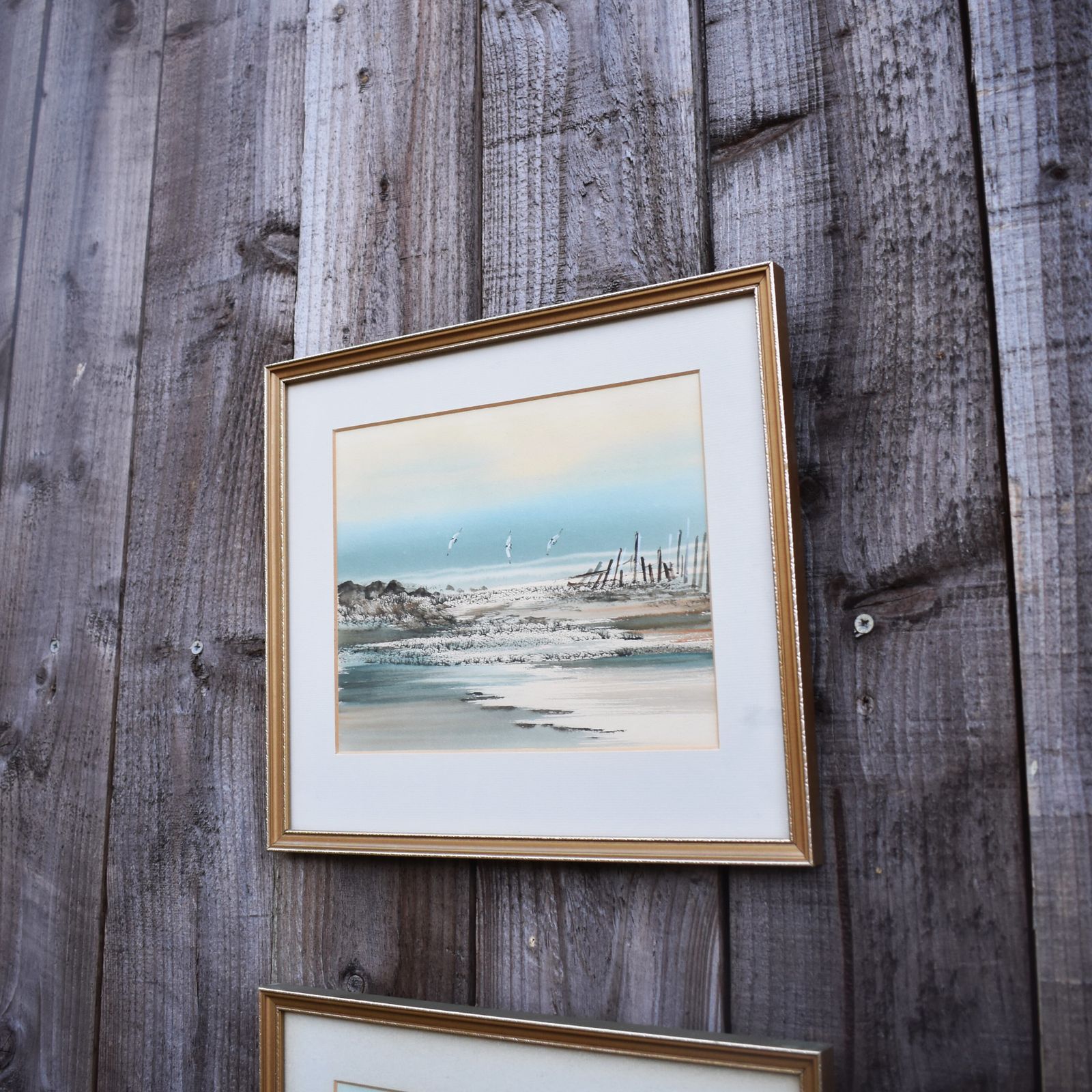 Vintage J. Marn Blue Seascape Costal Sailboat Seagulls Watercolour Signed Pair photo buy