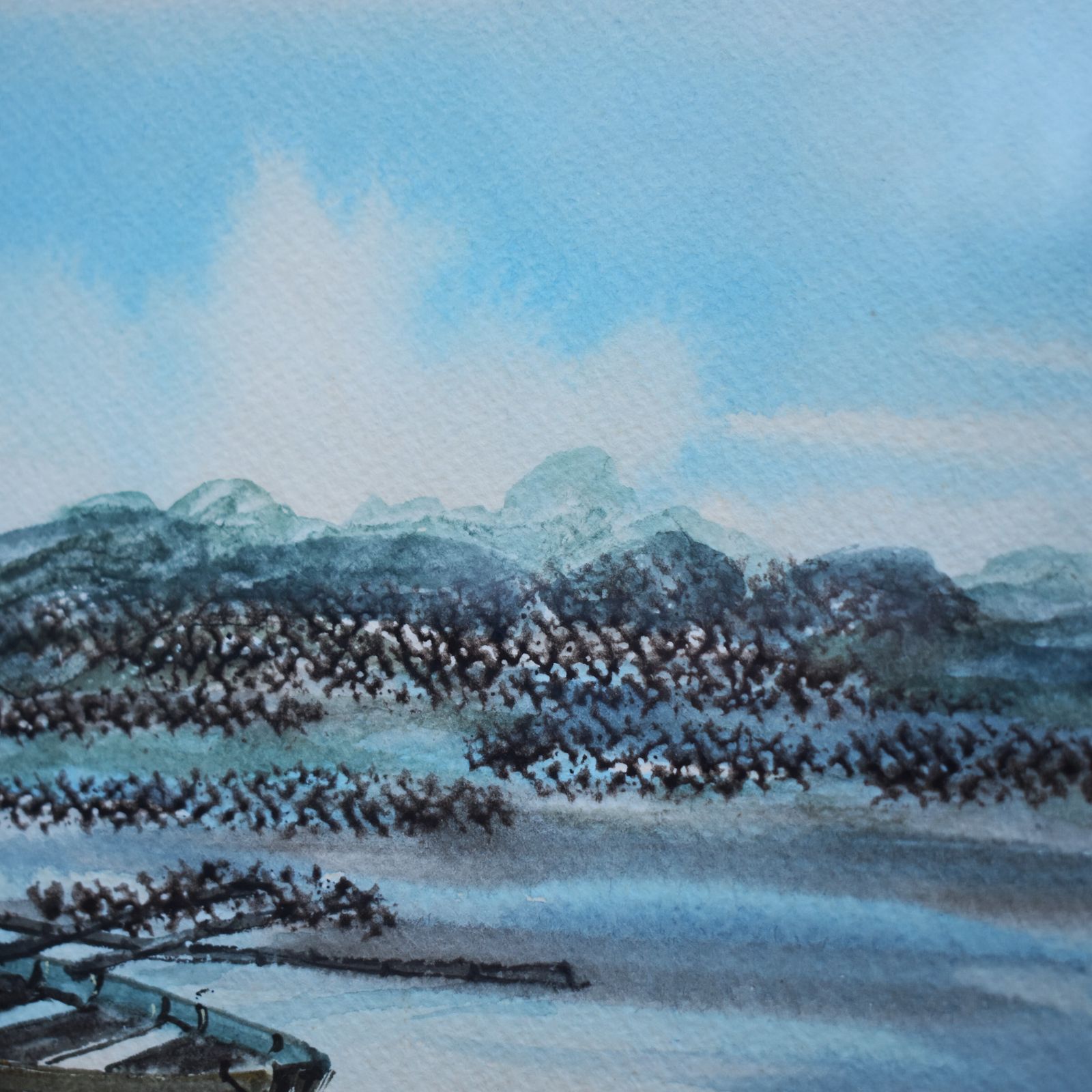 Art Vintage J. Marn Blue Seascape Costal Sailboat Seagulls Watercolour Signed Pair photo