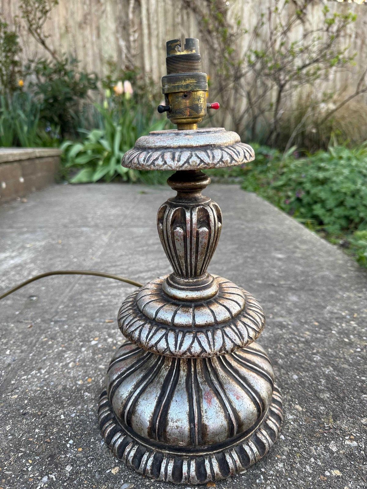 Rare Baroque Style Vintage Large Silver Table Lamp   1960s/70s Retro Wooden Painted Lamp, Neo Classical Table Lamp, Working, Tested photo furniture