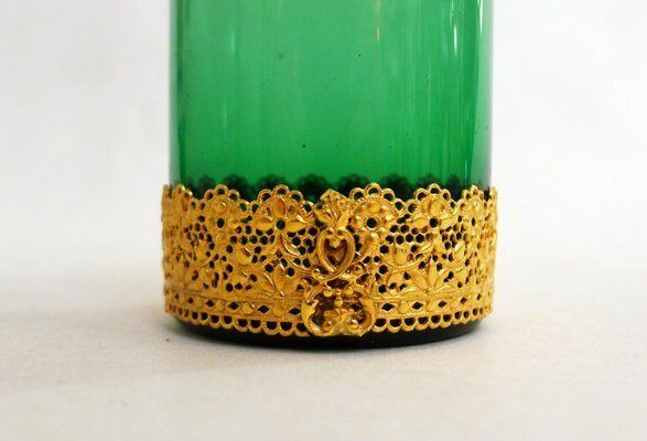Small Toilet Pot In Green Glass & Gold Metal, Flower & Openwork Lace Decor, 1950s photo 90.0