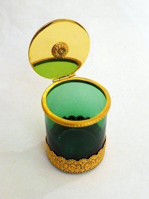 90.0 Small Toilet Pot In Green Glass & Gold Metal, Flower & Openwork Lace Decor, 1950s photo