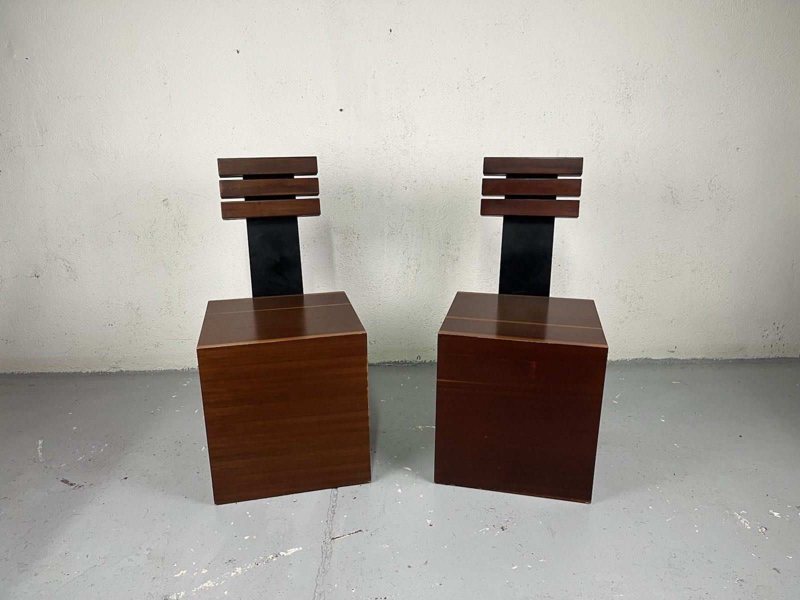 Pair Of 80’s Vintage Design Cubic Metal Wood Armchairs