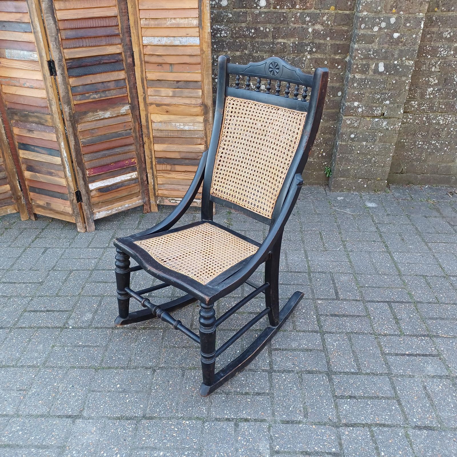 Ebonised New Cane And Wood Rocking Chair Vintage Country Farmhouse Style