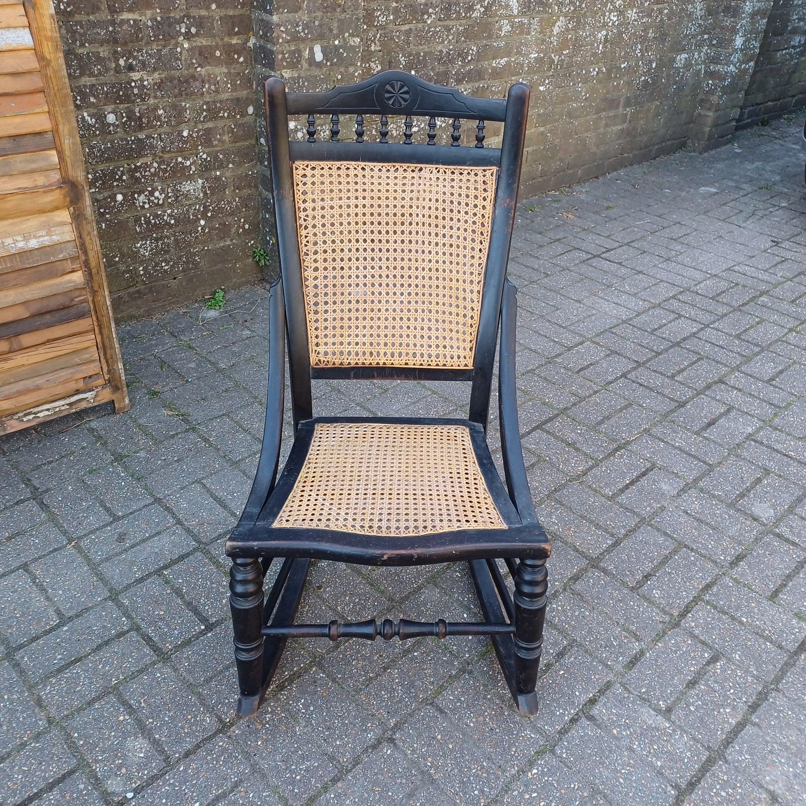Ebonised New Cane And Wood Rocking Chair Vintage Country Farmhouse Style photo furniture