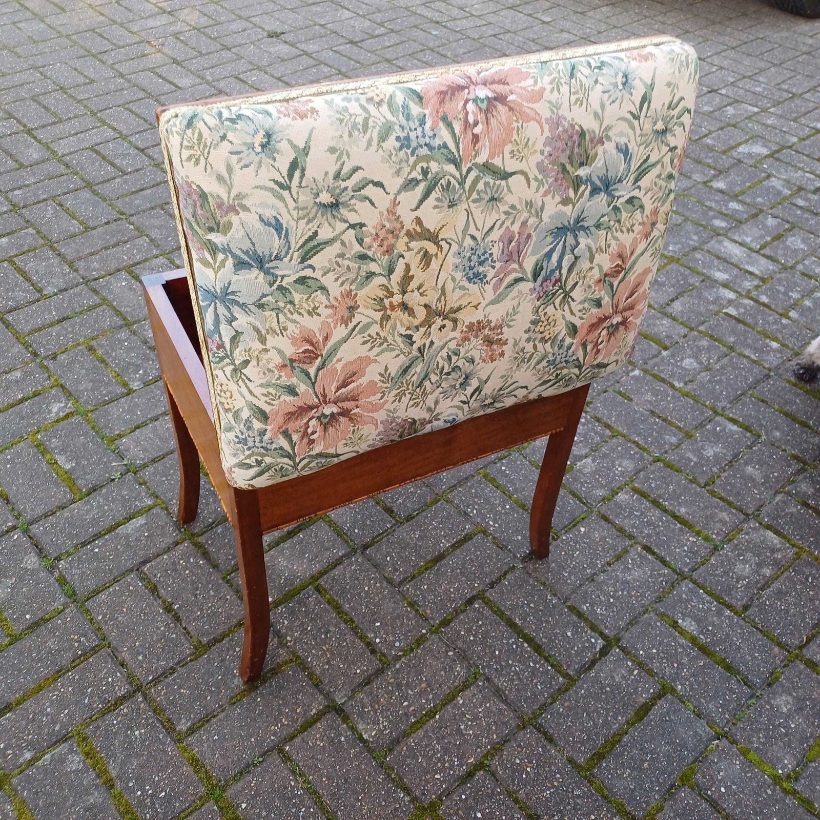 Vintage Tapestry Flower Upholstered Piano Stool Mahogany Internal Storage Bench With Queen Anne Legs photo vintage
