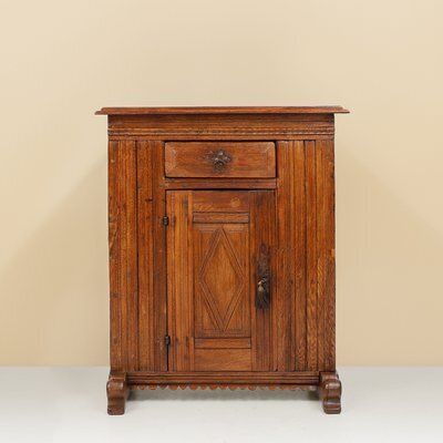 Belgian Hand Carved Single Door Cabinet In Oak, 16th Century