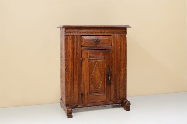 photo furniture Belgian Hand Carved Single Door Cabinet In Oak, 16th Century