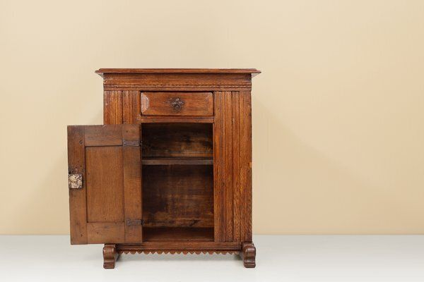 Furniture Belgian Hand Carved Single Door Cabinet In Oak, 16th Century photo