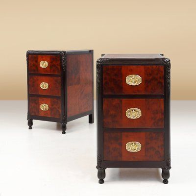 Art Deco Nightstands In Burl Veneer, Oak And Copper, France, 1910s, Set Of 2