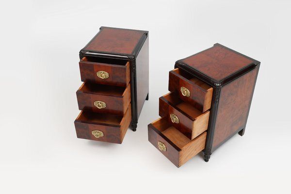 Art Deco Nightstands In Burl Veneer, Oak And Copper, France, 1910s, Set Of 2 photo vintage