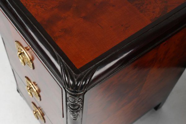 Furniture Art Deco Nightstands In Burl Veneer, Oak And Copper, France, 1910s, Set Of 2 photo