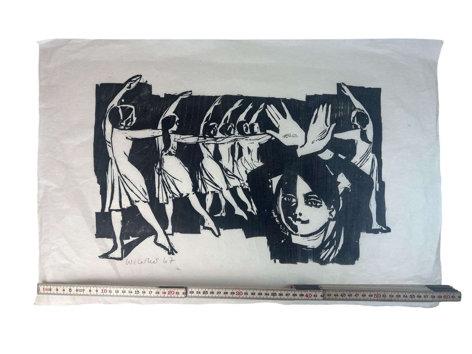 Mid Century '67 Woodcut Print Signed By Artist, Modern Folk Decor, Print Of Ballet Dancers, Modern Dance Art, Modern Dance Art Original photo Art