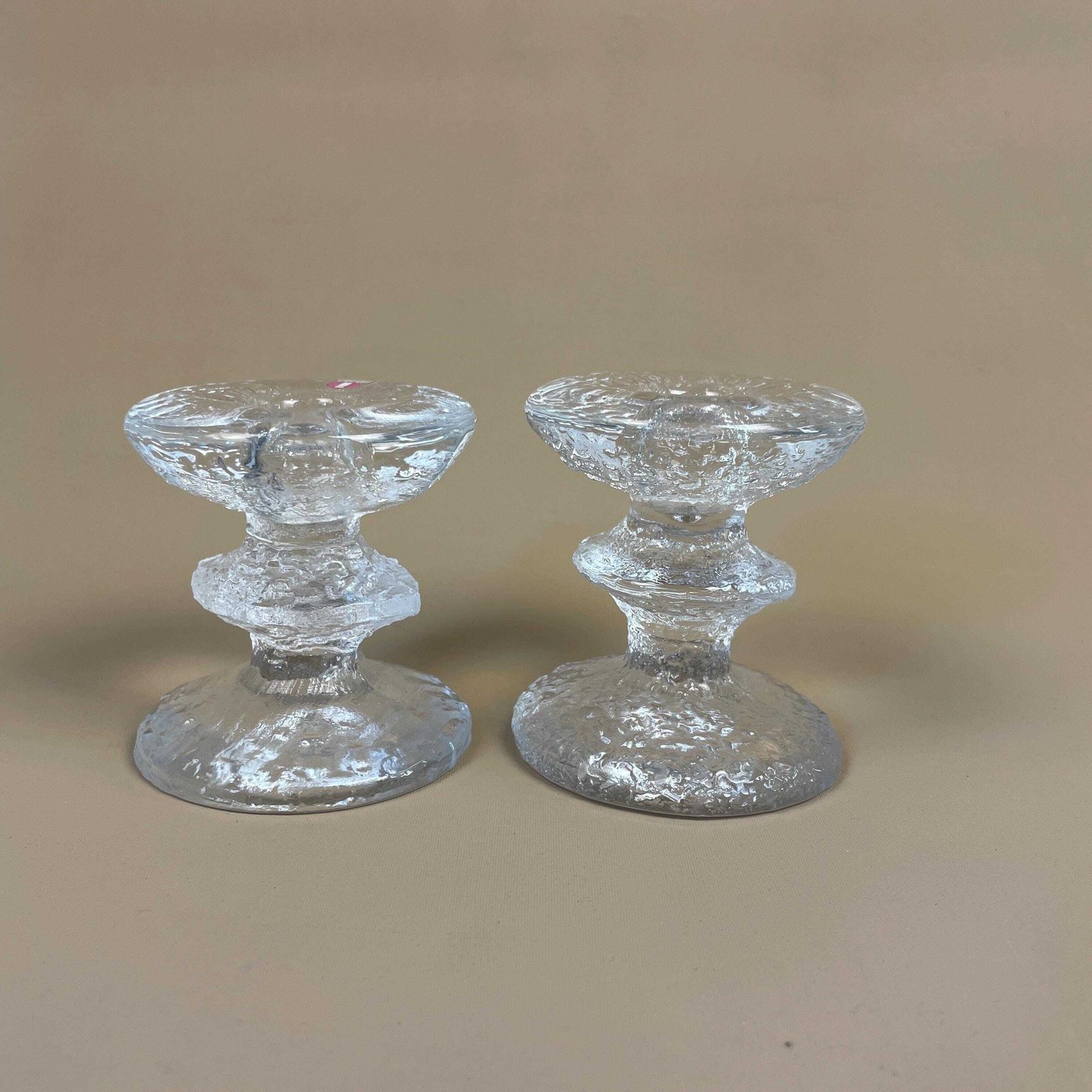 Two Iittala Finland Timo Sarpaneva Art Glass Festivo One Ring Candlesticks Candle Holder Vintage Clear Candlestick
