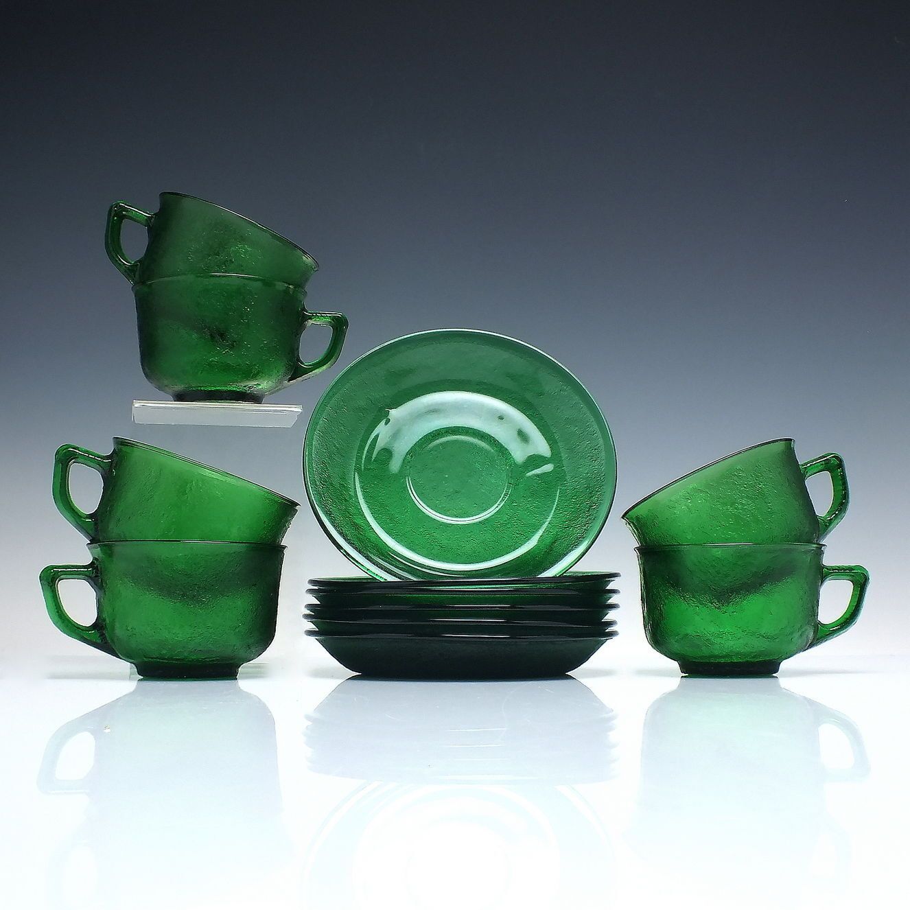 Six Vintage Green Glass Cups & Saucers C1950