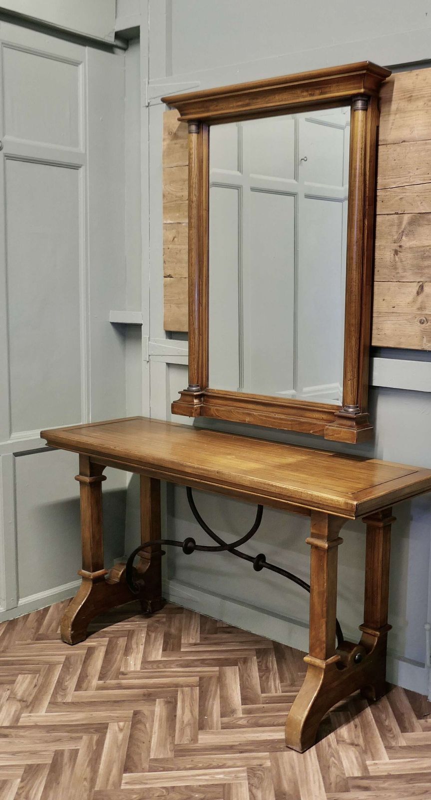 Golden Oak Arts And Crafts Console And Mirror photo furniture