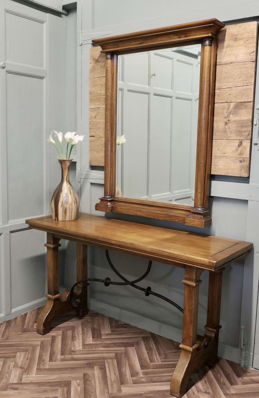 Golden Oak Arts And Crafts Console And Mirror photo Furniture