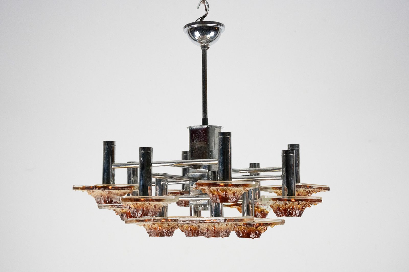 12 Light Mazzega Chandelier In Amber And Clear Murano Glass And Chrome. Italy 1970s photo Lighting