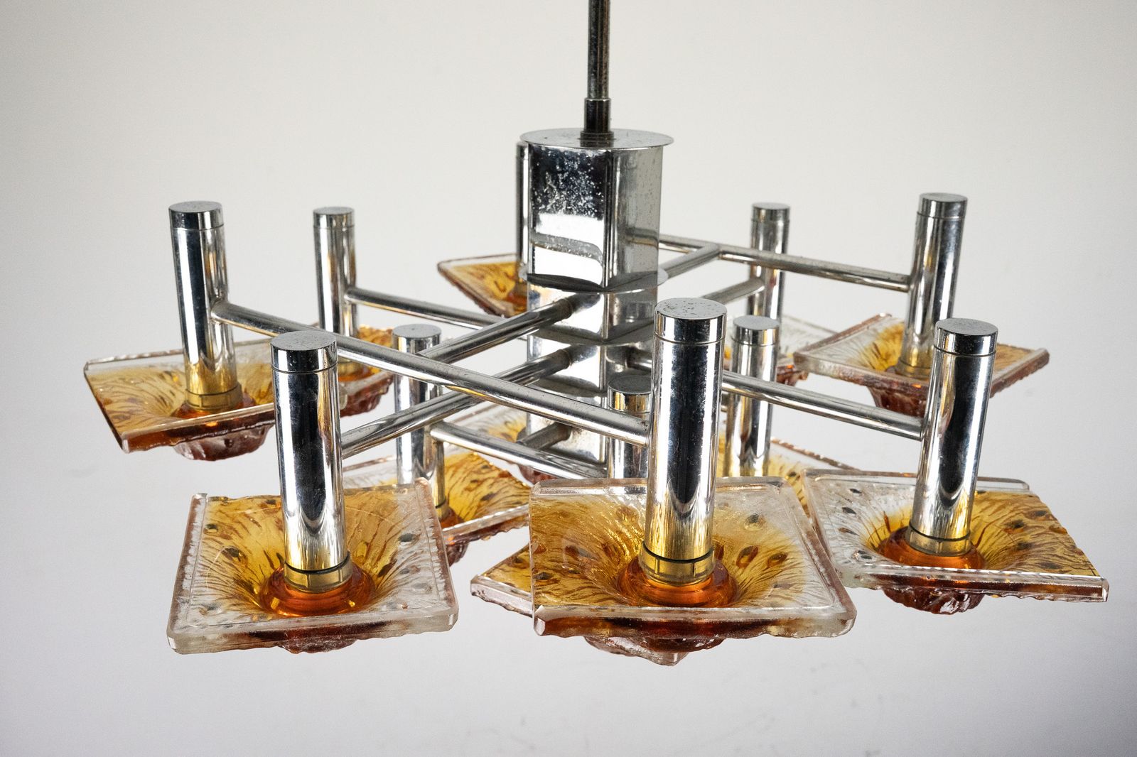 12 Light Mazzega Chandelier In Amber And Clear Murano Glass And Chrome. Italy 1970s photo vinterior