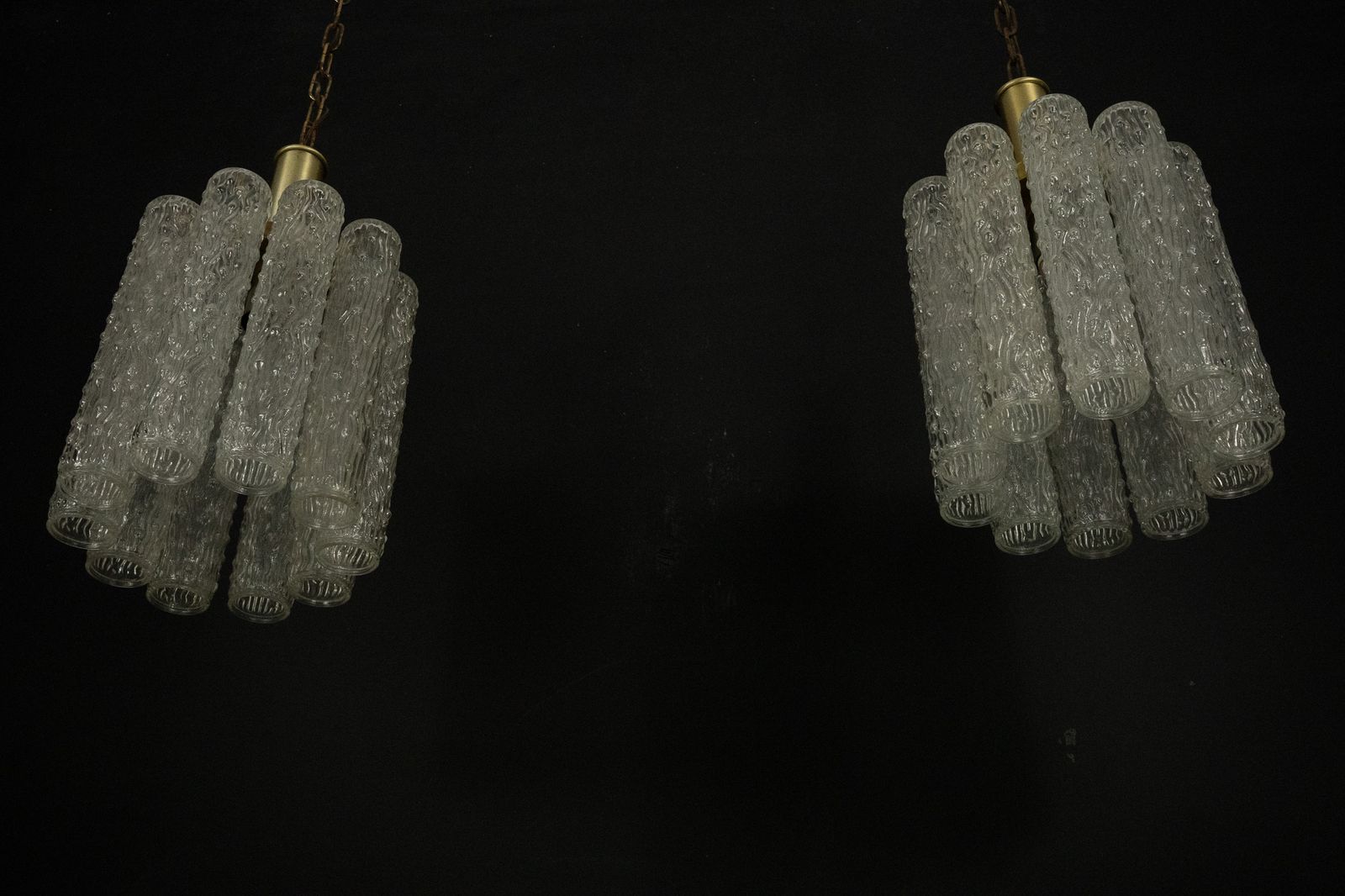 Pair Of Murano Glass And Brass Chandeliers In The Style Of Toni Zuccheri. Italy 1970s photo vintage