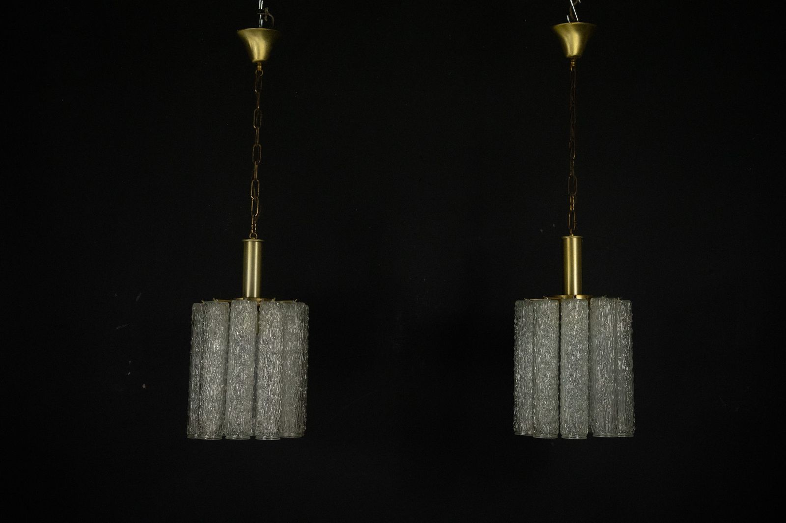 photo vinterior Pair Of Murano Glass And Brass Chandeliers In The Style Of Toni Zuccheri. Italy 1970s