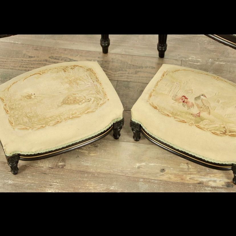 Fine Pair Of 19th Century French Ebonised Armchairs And Footstools photo vinterior