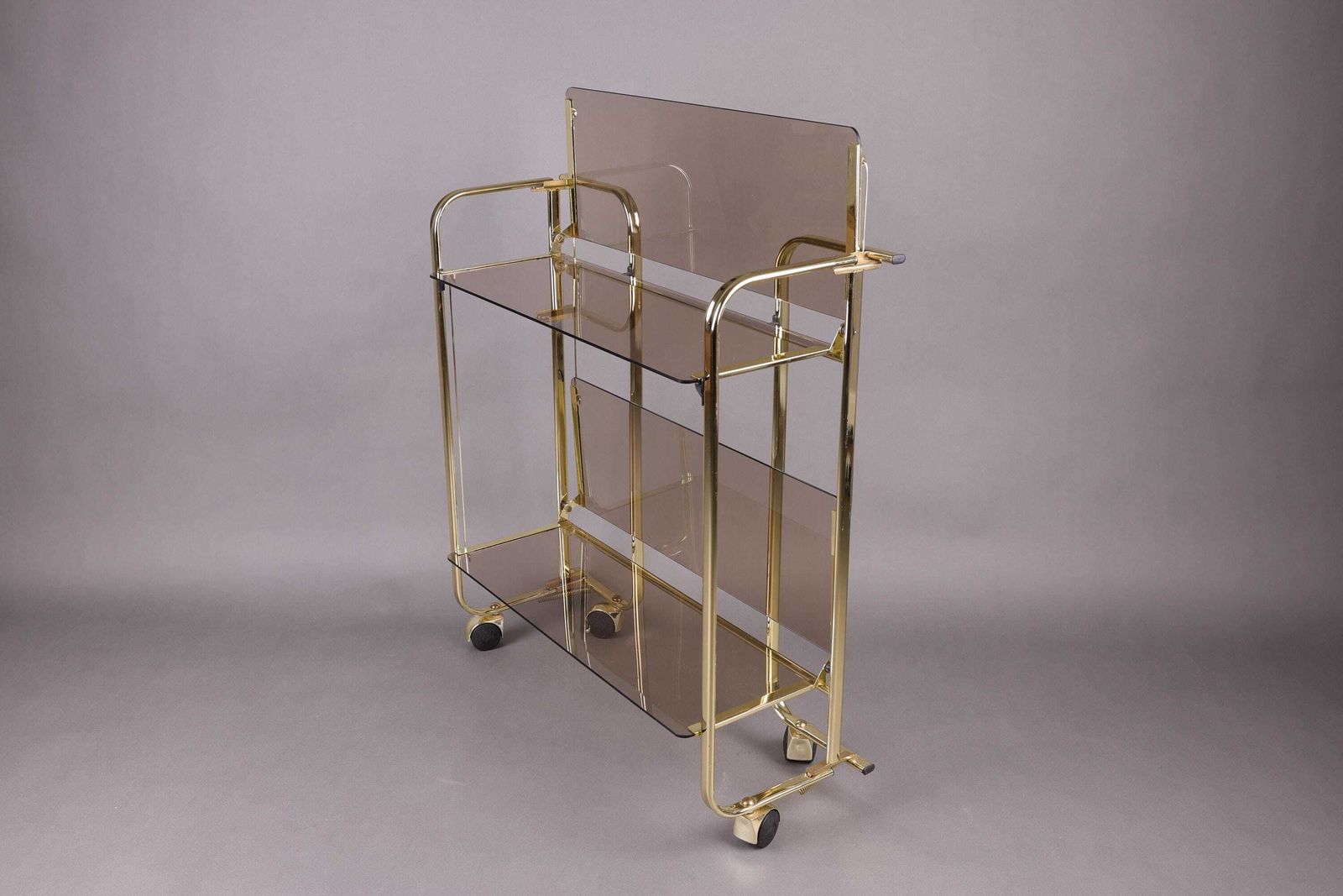 Vintage Opvouwbare Barkar | Gouden Trolley Met Rookglas | Mid Century Modern Serveerwagen Op Wielen, Jaren 1980 photo 390.0