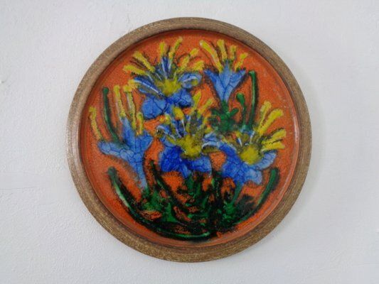 Large Glazed Flower Studio Ceramic Wall Plaque, Germany, 1970s