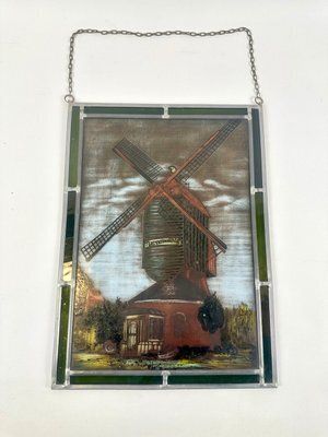photo furniture German Hand Painted Stained Glass Hanging Window Panel With Narrenmühle, 20th Century
